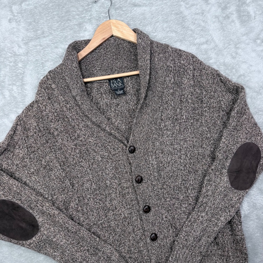 Jos. A. Bank Cardigan Mens M Brown Lambswool Shawl Collar Elbow Patch Sweater
